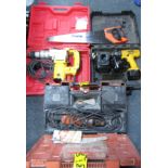 A group of power tools, comprising Marksman SDS drill, DeWalt cordless screwdriver and power pack,