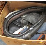 A group of leather horse riding equipment, comprising horse hames, reins, blankets, etc. (1 box)