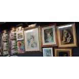 A group of pictures and prints, including V Boolle watercolour, Egyptian papyrus paper drawings,