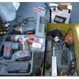 A Performance Power cordless hammer drill, and a yellow metal tool chest and contents of tools,