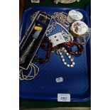 Costume jewellery, necklaces mainly paste stone set, mother of pearl type bracelet, trinket boxes,