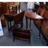 An oak drop leaf table, a mahogany demi lune table, magazine rack, and a rush seated stool. (4)