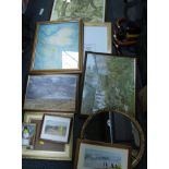 Pictures of prints, comprising oval wall mirror, empty picture frames, amateur oil on boards,