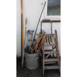 Various garden tools, agricultural tools, spades, saws, stepladders, crutches, etc. (a quantity)