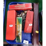 Trinkets and effects, whistles, biros, fountain pens, harmonica, etc. (1 tray)