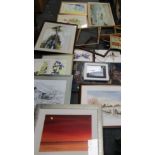 Floral watercolours, street scenes, etc, together with a group of picture frames. (a quantity)