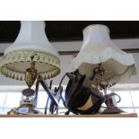 Two brass table lamps, and a hanging lantern. (3)