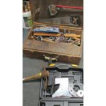 A large wooden tool chest and contents, various chisels, power tools, two part US WW2 army knife,