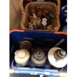 A group of stoneware bottles and oil lamp bases, wicker basket, etc. (2 boxes)