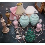 Two green table lamps, glass shelves, lamp shades, etc. (a quantity)