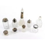 Various cut glass table jars, cut glass perfume bottle with glass stopper 7cm high, jar with silver