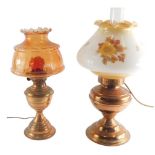 A 20thC Duplex oil lamp, with amber coloured glass shade and electrical feature 39cm high and anothe