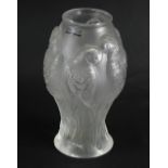 A Lalique glass parrot vase, 28cm high.