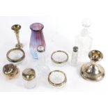 Various silver and glassware etc, dressing table jar with silver collar, cut glass salt, marks rubbe