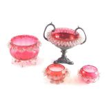 A cranberry glass sugar bowl, with clear floral border, 13cm diameter, three others pieces. (4)