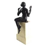 An Art Deco bronze and marble figure, of a girl seated on a wall holding mirror, unsigned, 37cm high