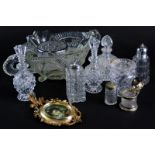 Various glassware, etc., perfume bottles, cut glassware, heavy cut glass centrepiece with dragon han