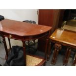 A mahogany demi lune side table, two folding tables, coffee table, sewing machine, etc.