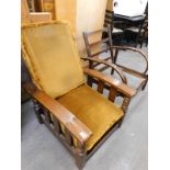 Two similar 1920/30's oak reclining armchairs, one lacking cushions, stamped The Ideal Bedchair R.