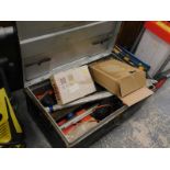 A quantity of power tools, tin trunk, etc. Buyer Note: WARNING! This lot contains untested or unsafe