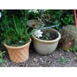 Various planters, plant pots, some with flowers, etc. (a quantity)