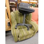 A wing armchair with stripe fabric and an office chair and a wing back chair. The upholstery in this