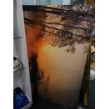 Three various large prints, sunrise scene, etc.