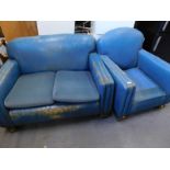 An Art Deco pale blue leather two seat sofa, on square sectional legs and a matching chair. (AF)