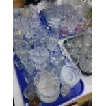 Various moulded glassware, drinking glasses, part suites, dimpled pint glasses, ink stand, etc. (a