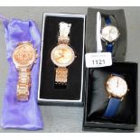 Three ladies wristwatches, comprising a French Connection wristwatch on blue leather strap, a Karen