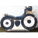 A fairground ride wooden motorcycle, marked IC.18, painted in white and black, on metal framed base