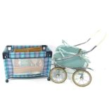 A vintage mid 20thC dolls pram, with metal frame and chrome handles, 33cm high, and other accessorie