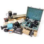 A Chinon CX camera, assorted lenses, cased, further camera equipment, a Silik Tripod Company Limited