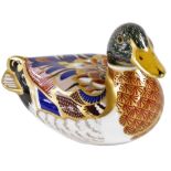 A Royal Crown Derby Imari porcelain paperweight, modelled as a Mallard, printed marks, gold stopper.