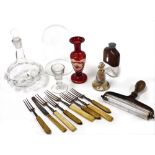 Victorian glass and collectables, including a leather bound hip flask, clock dome drum glass, Allum