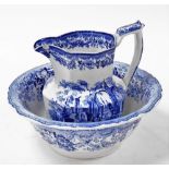 A Mason's Ironstone blue and white wash jug and bowl, decorated with Italianate, within floral borde