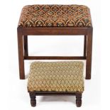 A Georgian style mahogany stool, with an upholstered drop in seat, raised on square legs united by a