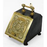 A 19thC Aesthetic Movement painted tin coal scuttle, with a raised floral decorated brass lid, and b