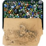 Vintage marbles, various sizes and types, together with an ink and body colour study by Frederick Ta