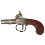 An early 19thC percussion muff pistol, 1.5" screw off barrel with walnut stock, proof marks, 15cm wi