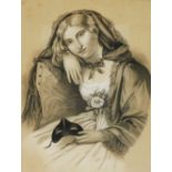 19thC School. Figure of a lady seated wearing hooded cape and holding mask, pencil sketch, unsigned,