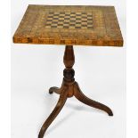A Victorian parquetry tilt top games table, the square top with a chess board centre, raised on a ba