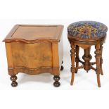 A Victorian mahogany serpentine commode, the hinged lid, bowl lacking, raised on turned legs, 43cm h