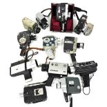 Vintage cine and movie cameras, including a Bell and Howell Double Run Eight 605 model camera, a Eum