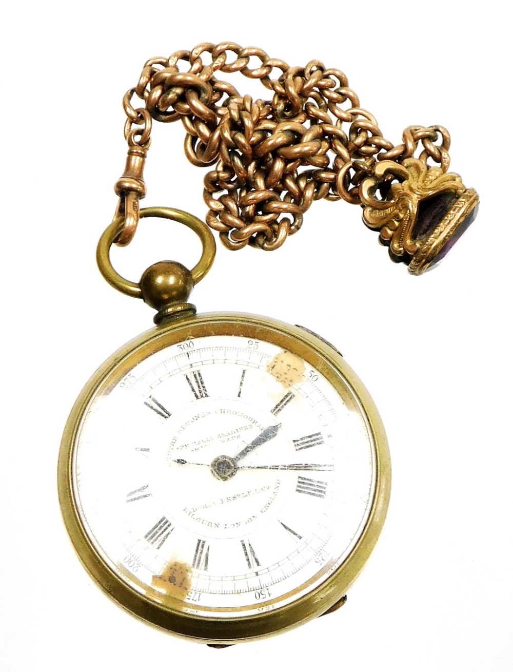 A Victorian gold plated chronograph pocket watch, by Dorey Lester and Company, open face, key wind,