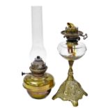 An Art Nouveau brass oil lamp, with cut glass reservoir, 40cm high, together with a Veritas brass oi