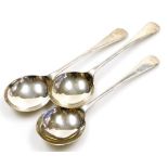 Three Edward VIII silver Old English pattern soup spoons, of plain form, Birmingham 1936, 6½oz.
