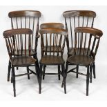 A pair of Victorian oak and elm kitchen elbow chairs, together with four single kitchen chairs. (6)