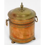 A late 19thC copper lidded coal bucket, with urn finial, two ring handles, and a pierced and raised