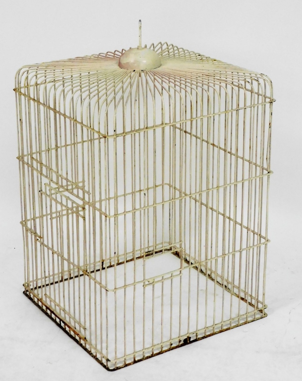 A cream painted wiework bird cage, 44cm high, 47cm diameter.